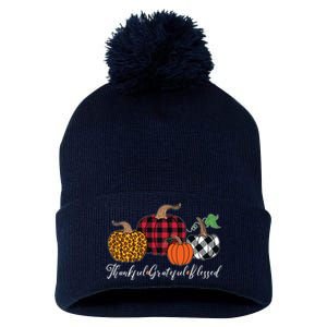 Thankful Grateful Blessed Fashion Buffalo Plaid Leopard Pom Pom 12in Knit Beanie