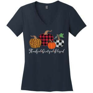 Thankful Grateful Blessed Fashion Buffalo Plaid Leopard Women's V-Neck T-Shirt