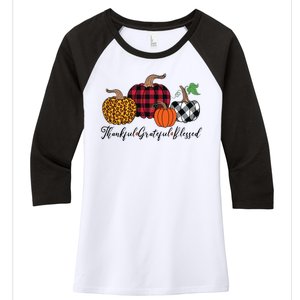 Thankful Grateful Blessed Fashion Buffalo Plaid Leopard Women's Tri-Blend 3/4-Sleeve Raglan Shirt