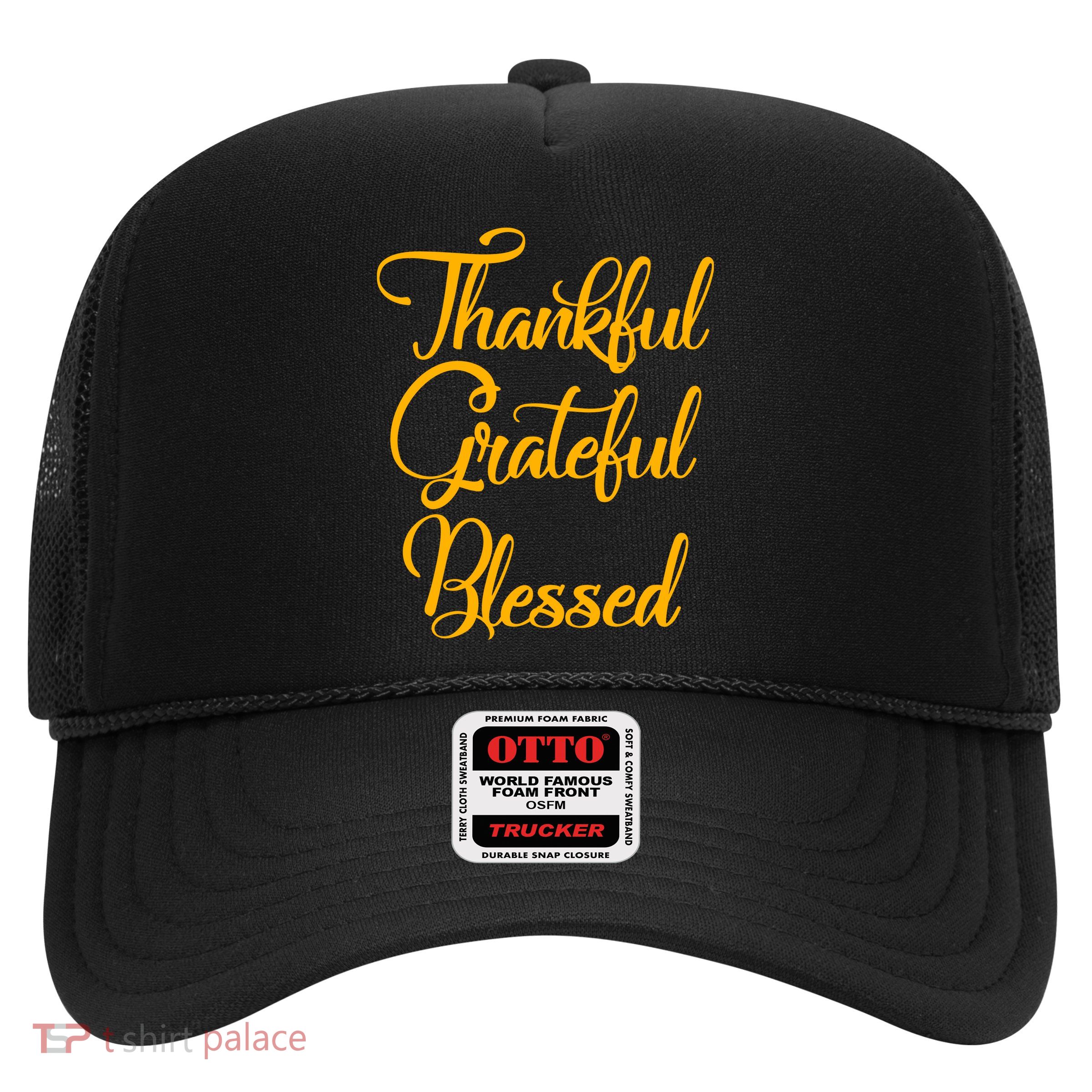 Thankful Grateful Blessed Gold Thanksgiving Logo Trucker Hat