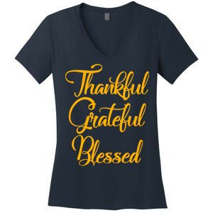 Thankful Grateful Blessed Gold Thanksgiving Logo Women's V-Neck T-Shirt