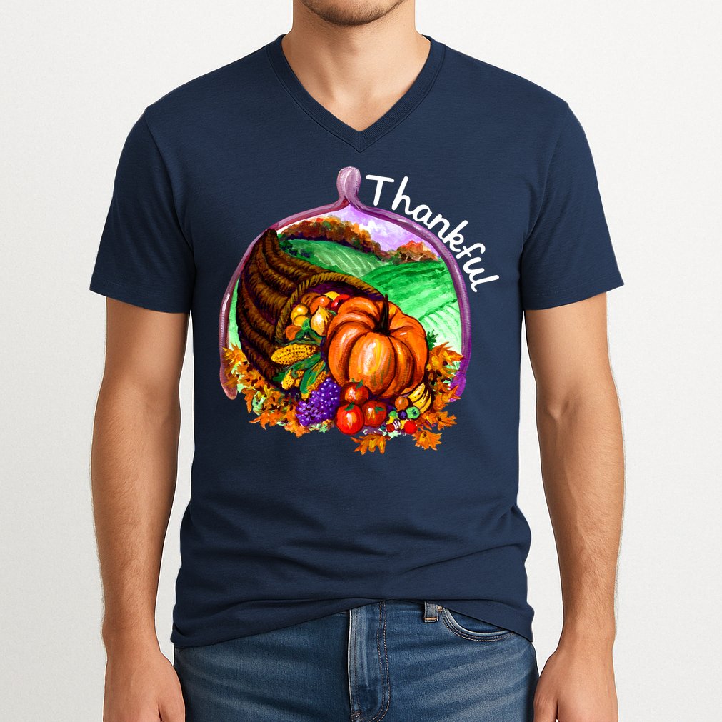 Thankful Pumpkin Fall Thanksgiving V-Neck T-Shirt
