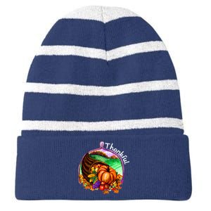 Thankful Pumpkin Fall Thanksgiving Striped Beanie with Solid Band