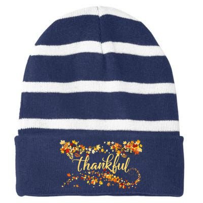 Thankful Thanksgiving Fall Autumn Leaves Striped Beanie with Solid Band