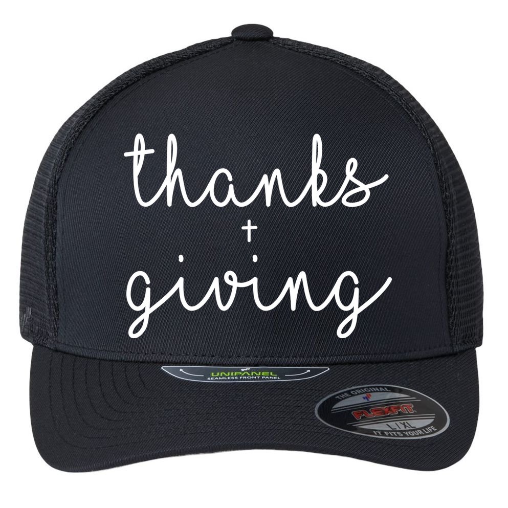 Thanks Plus Giving Cute Thanksgiving Flexfit Unipanel Trucker Cap
