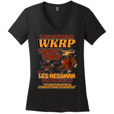Thanksgiving 1st Annual WKRP Turkey Drop Women's V-Neck T-Shirt