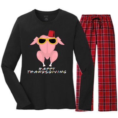 Thanksgiving Friends Funny Turkey Head Women's Long Sleeve Flannel Pajama Set 