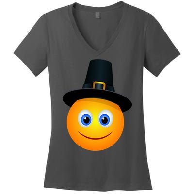 Thanksgiving Pilgrim Emoji Smiley Women's V-Neck T-Shirt