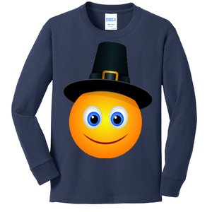 Thanksgiving Pilgrim Emoji Smiley Kids Long Sleeve Shirt