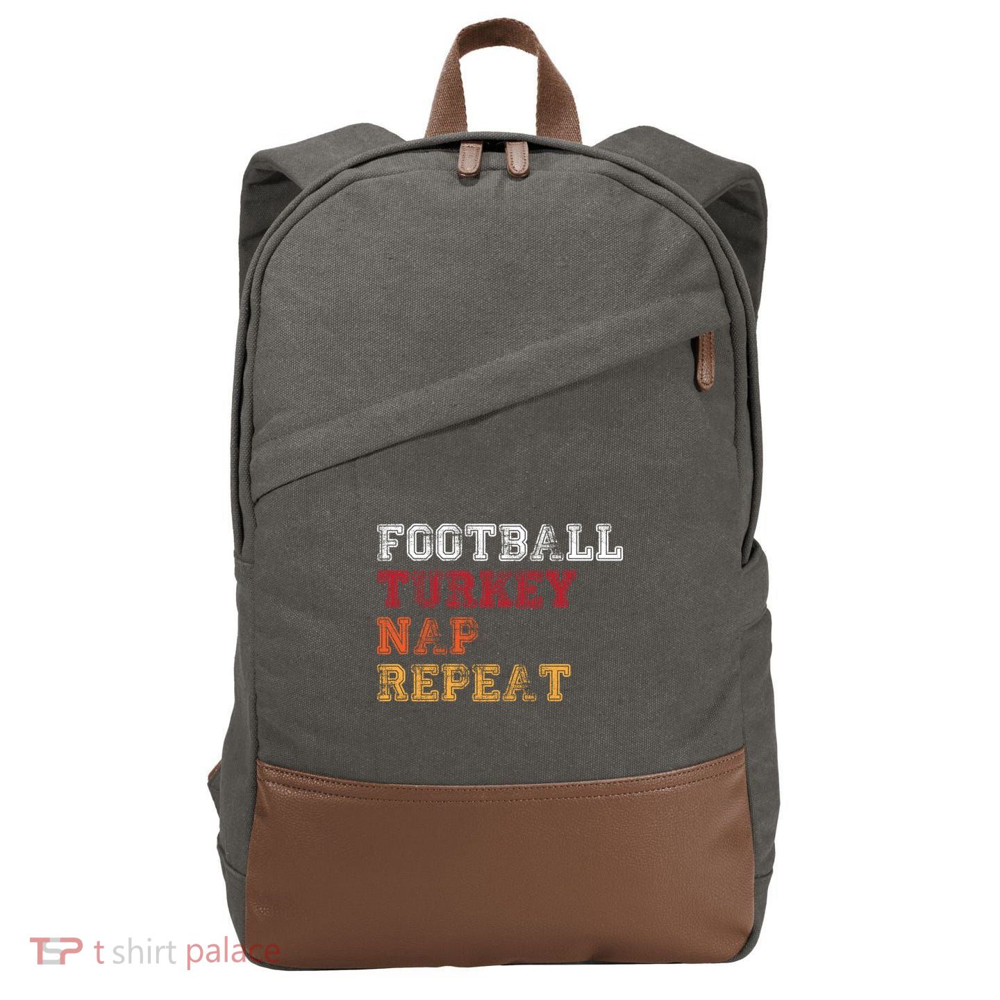Thanksgiving Schedule Football Turkey Nap Repeat Cotton Canvas Backpack