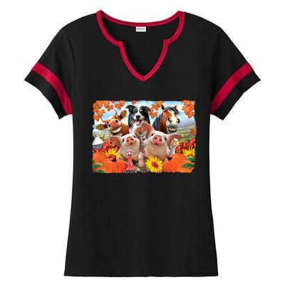 Thanksgiving Selfie Animals Ladies Halftime Notch Neck Tee