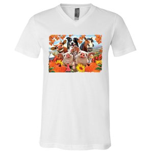 Thanksgiving Selfie Animals V-Neck T-Shirt