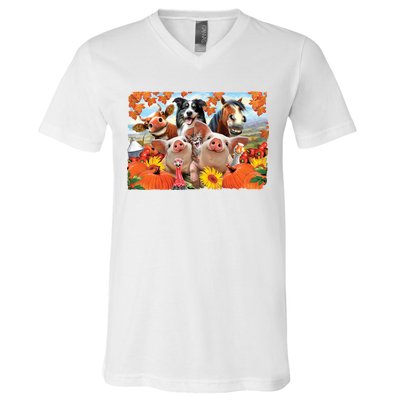 Thanksgiving Selfie Animals V-Neck T-Shirt