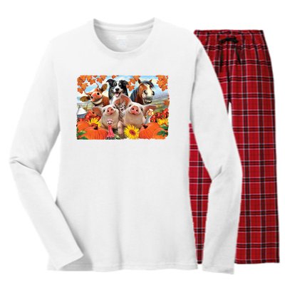 Thanksgiving Selfie Animals Women's Long Sleeve Flannel Pajama Set 