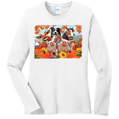 Thanksgiving Selfie Animals Ladies Long Sleeve Shirt