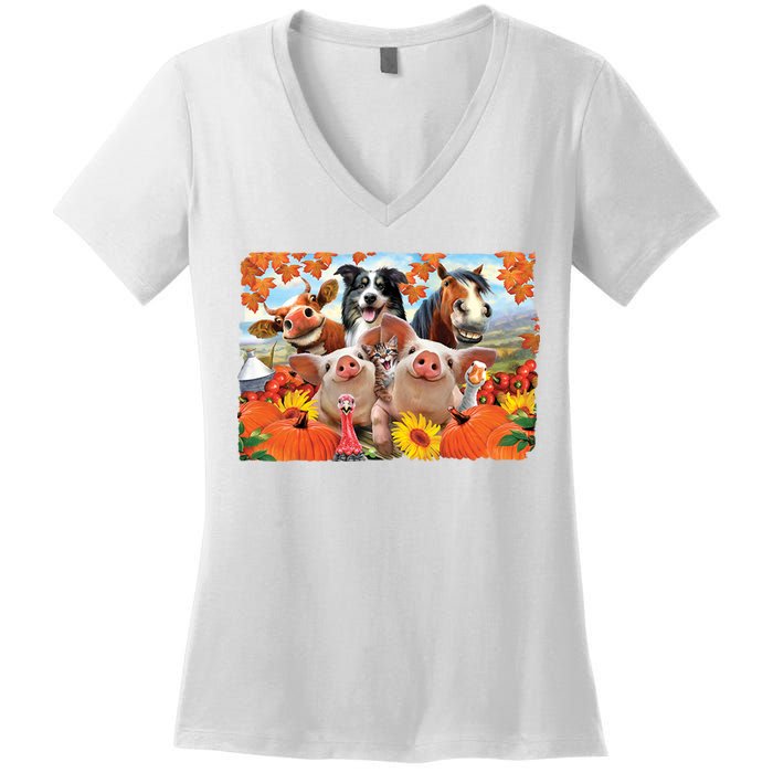 Thanksgiving Selfie Animals Women's V-Neck T-Shirt