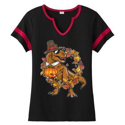 Thanksgiving T-Rex Pilgrim Ladies Halftime Notch Neck Tee