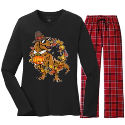 Thanksgiving T-Rex Pilgrim Women's Long Sleeve Flannel Pajama Set 