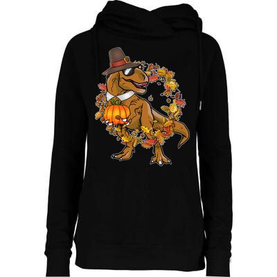 Thanksgiving T-Rex Pilgrim Womens Funnel Neck Pullover Hood