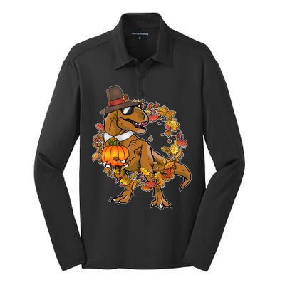 Thanksgiving T-Rex Pilgrim Silk Touch Performance Long Sleeve Polo