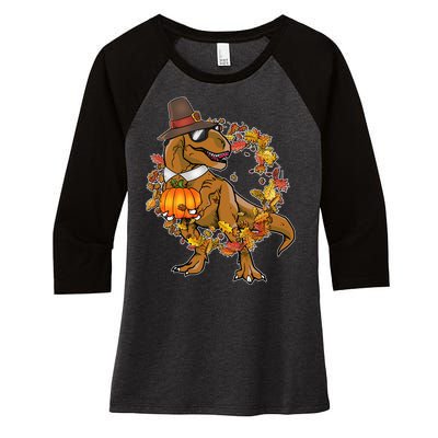 Thanksgiving T-Rex Pilgrim Women's Tri-Blend 3/4-Sleeve Raglan Shirt