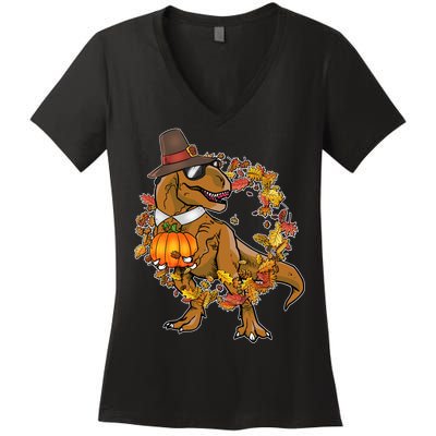 Thanksgiving T-Rex Pilgrim Women's V-Neck T-Shirt