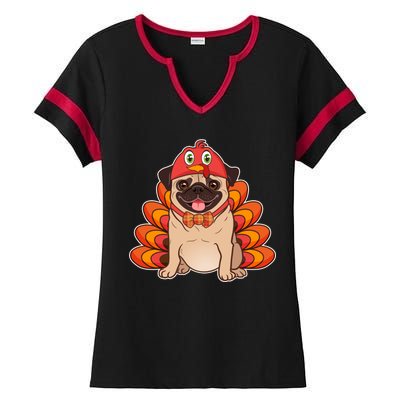 Thanksgiving Turkey Pug Ladies Halftime Notch Neck Tee