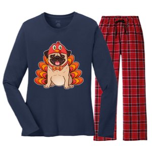 Thanksgiving Turkey Pug Women's Long Sleeve Flannel Pajama Set 