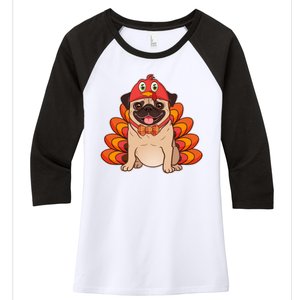 Thanksgiving Turkey Pug Women's Tri-Blend 3/4-Sleeve Raglan Shirt