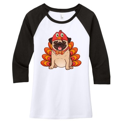 Thanksgiving Turkey Pug Women's Tri-Blend 3/4-Sleeve Raglan Shirt