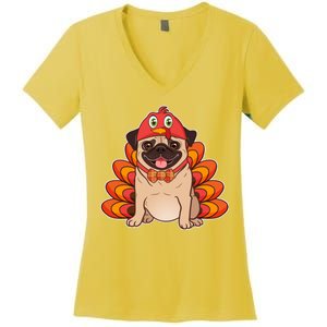 Thanksgiving Turkey Pug Women's V-Neck T-Shirt