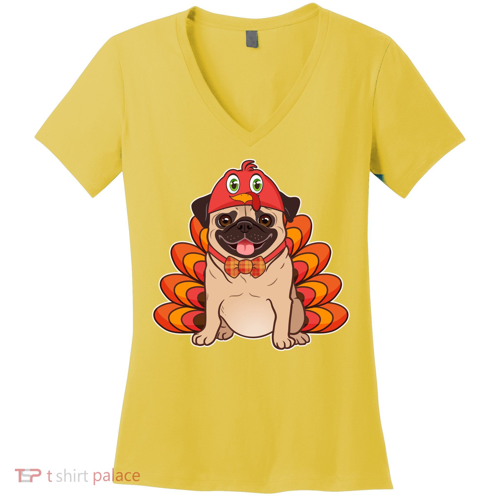 Thanksgiving Turkey Pug Women's V-Neck T-Shirt