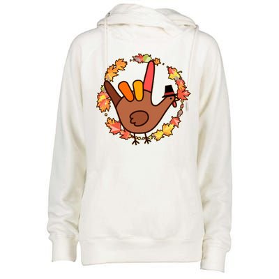 Thanksgiving Turkey Sign Language I Love You Womens Funnel Neck Pullover Hood