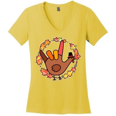 Thanksgiving Turkey Sign Language I Love You Women's V-Neck T-Shirt