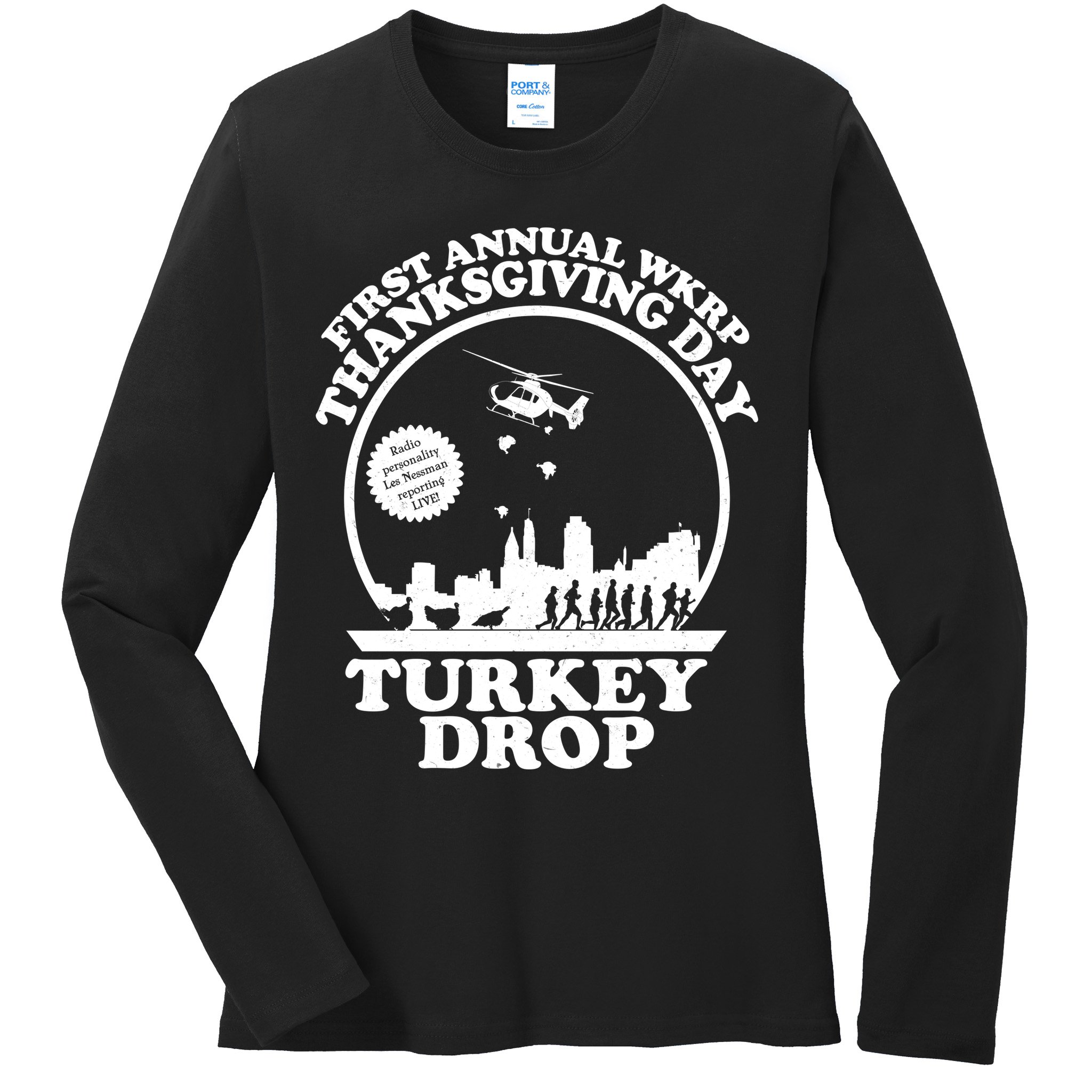 Thanksgiving WKRP Turkey Drop Ladies Long Sleeve Shirt