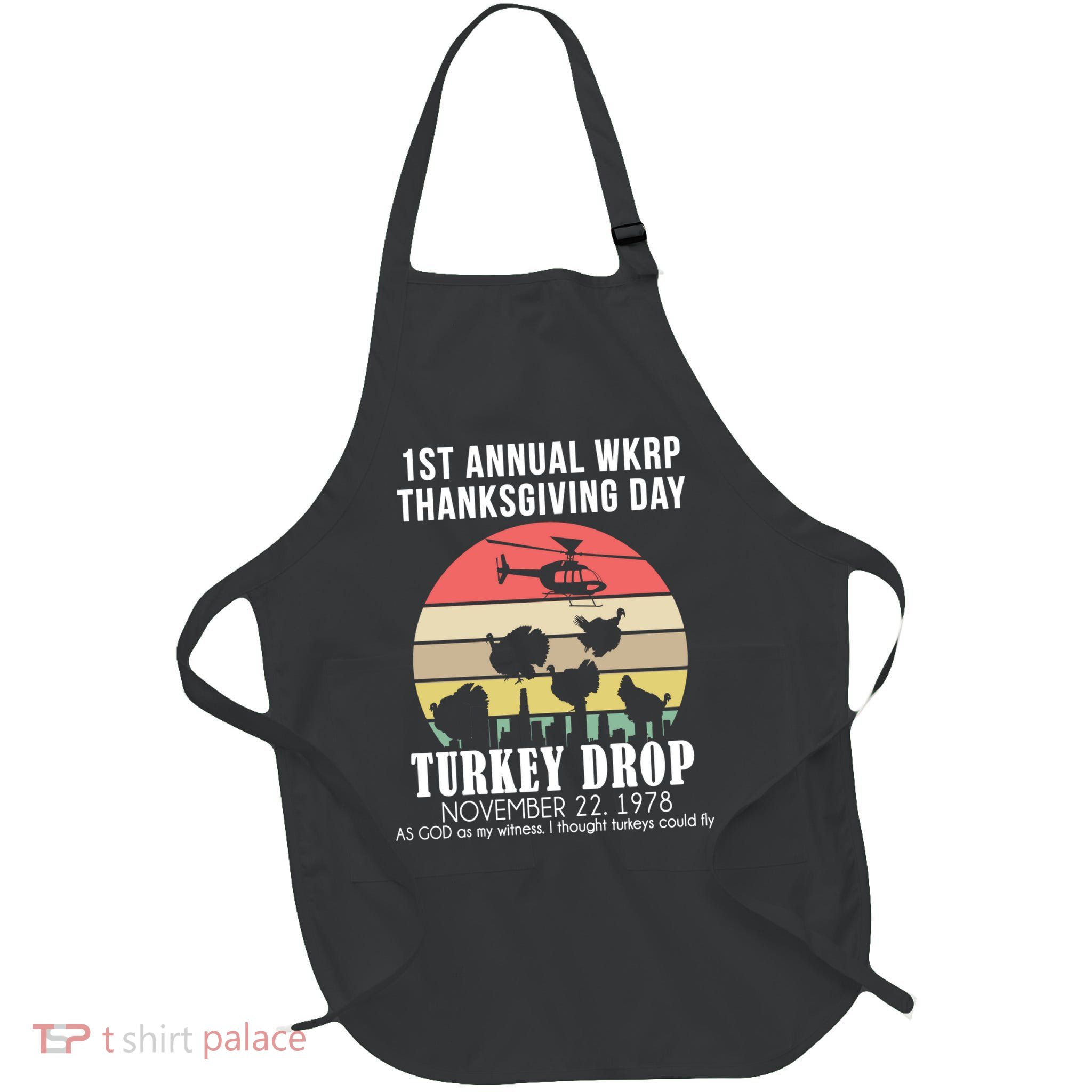 Thanksgiving WKRP Turkey's Drop Full-Length Apron With Pockets