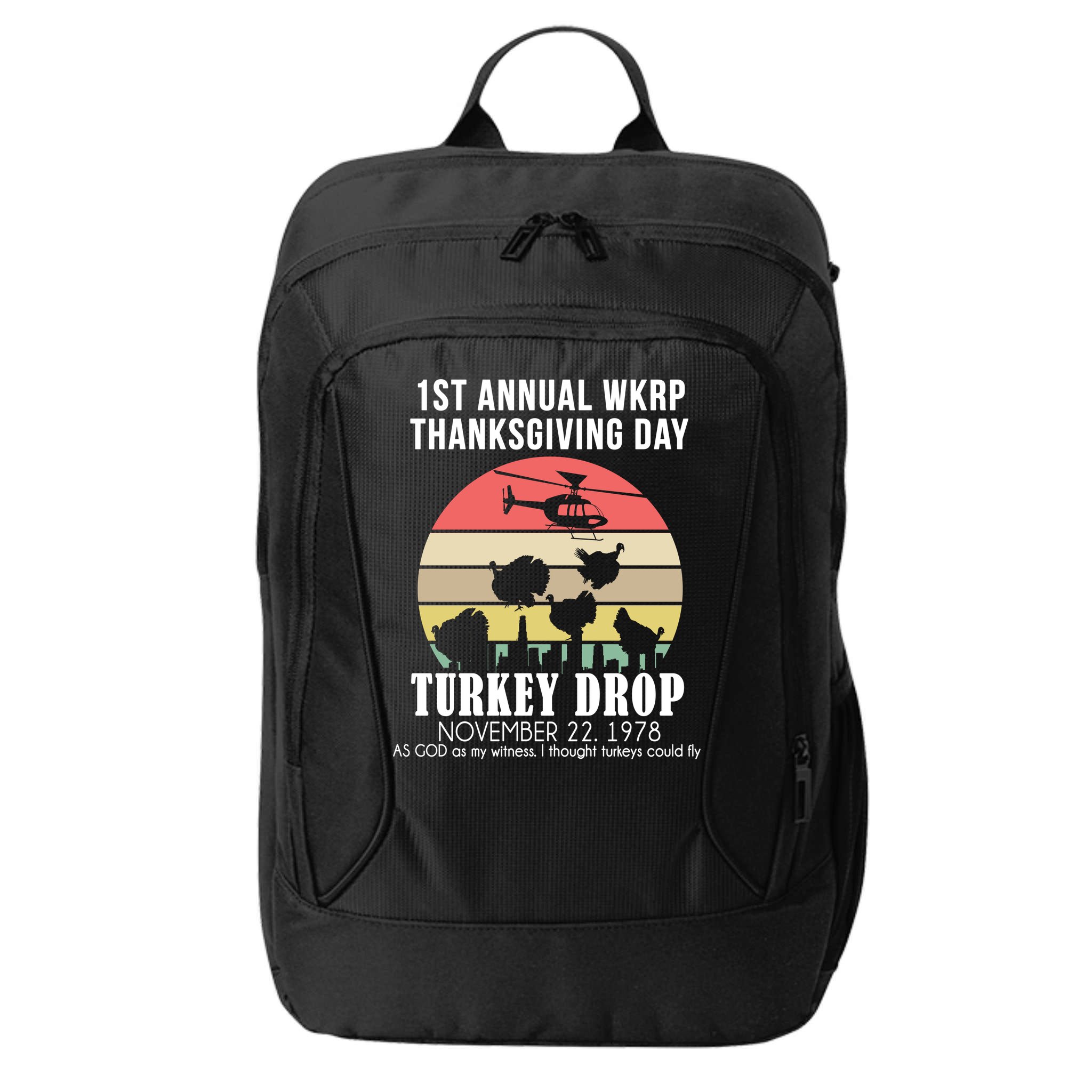 Thanksgiving WKRP Turkey's Drop City Backpack