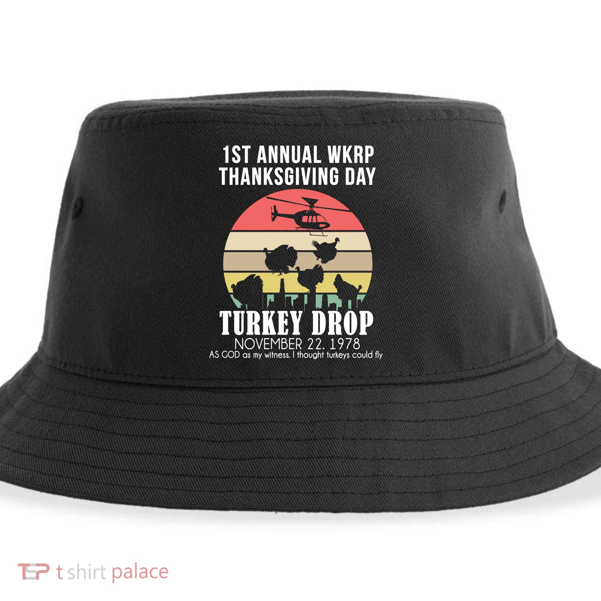 Thanksgiving WKRP Turkey's Drop Sustainable Bucket Hat