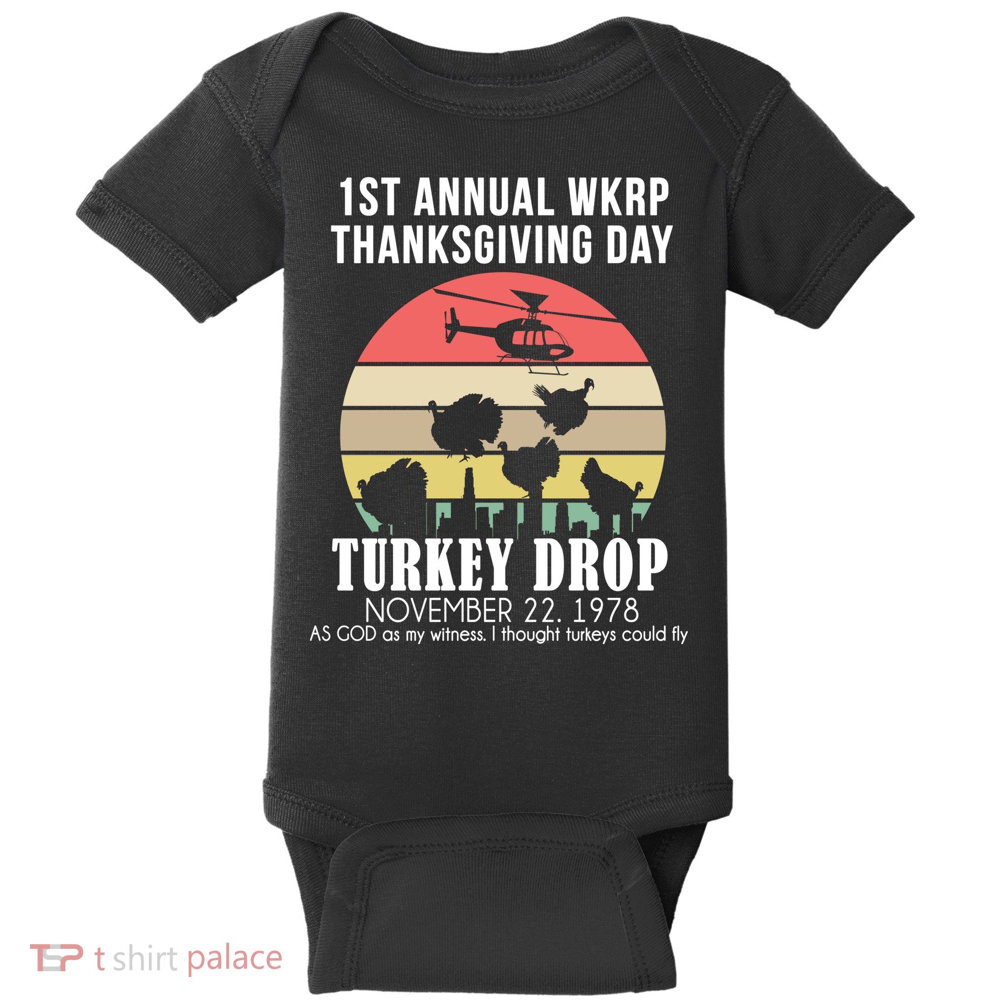 Thanksgiving WKRP Turkey's Drop Baby Bodysuit