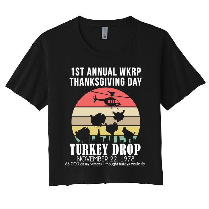 Thanksgiving WKRP Turkey's Drop Women's Crop Top Tee