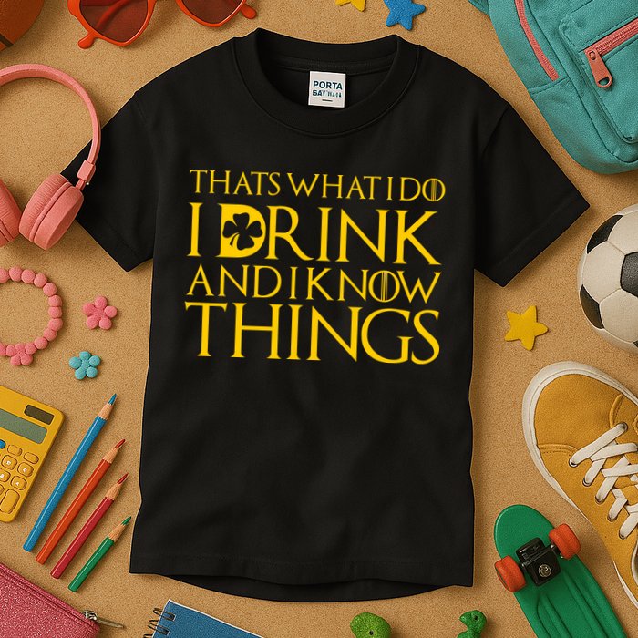 Thats What I Do I Drink and I Know Things St Patricks Day Clover Kids T-Shirt