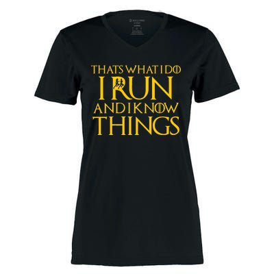 That's What I Do I Run and I Know Things Funny Running Women's Momentum V-Neck T-Shirt