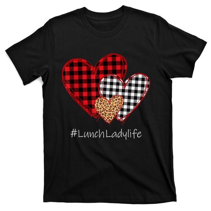 Three Hearts Buffalo Plaid Lunch Lady Valentine's Day T-Shirt