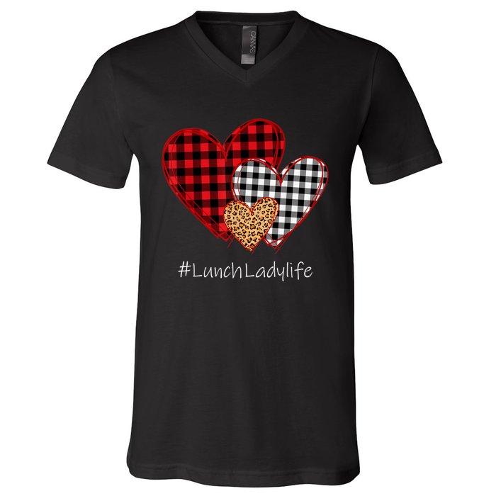 Three Hearts Buffalo Plaid Lunch Lady Valentine's Day V-Neck T-Shirt