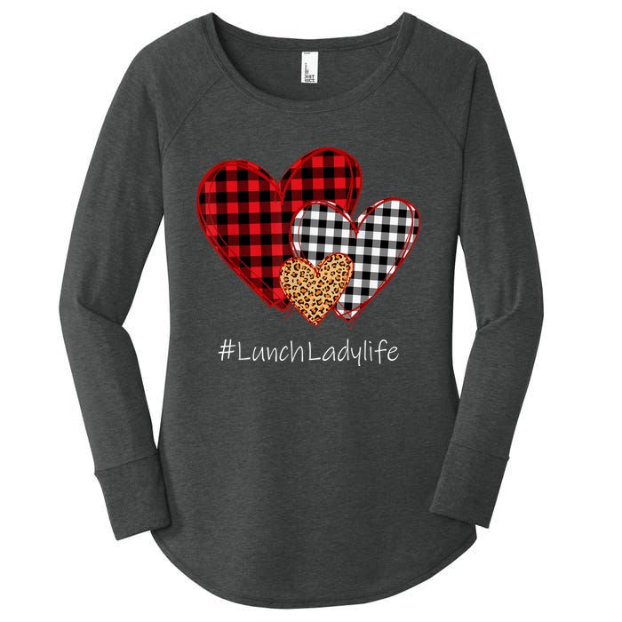 Three Hearts Buffalo Plaid Lunch Lady Valentine's Day Women's Perfect Tri Tunic Long Sleeve Shirt