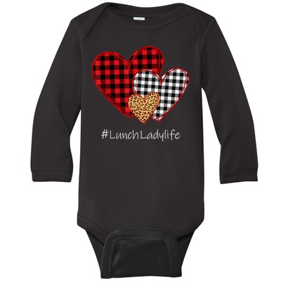 Three Hearts Buffalo Plaid Lunch Lady Valentine's Day Baby Long Sleeve Bodysuit