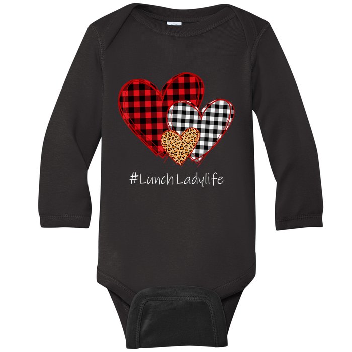 Three Hearts Buffalo Plaid Lunch Lady Valentine's Day Baby Long Sleeve Bodysuit