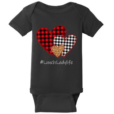 Three Hearts Buffalo Plaid Lunch Lady Valentine's Day Baby Bodysuit