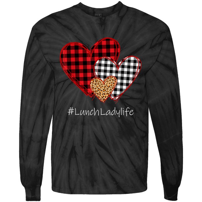 Three Hearts Buffalo Plaid Lunch Lady Valentine's Day Tie-Dye Long Sleeve Shirt