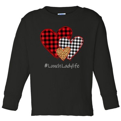 Three Hearts Buffalo Plaid Lunch Lady Valentine's Day Toddler Long Sleeve Shirt